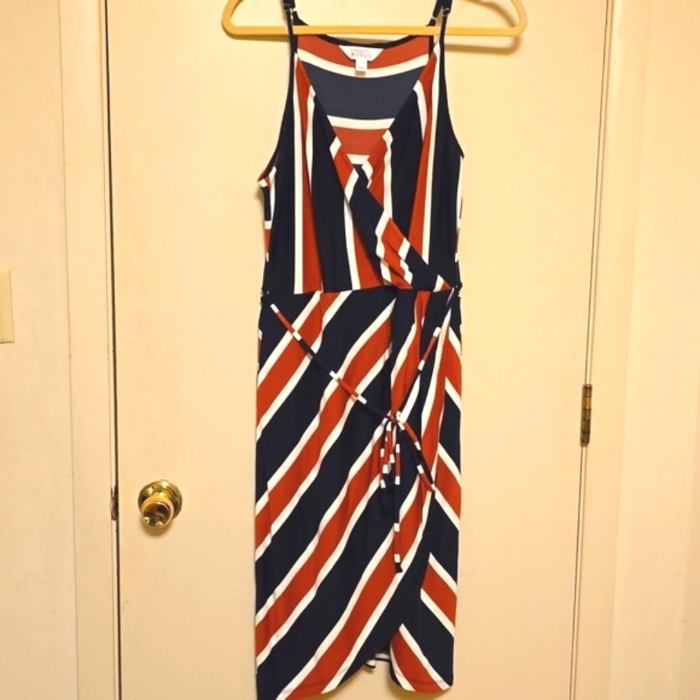 STITCH FIX Market & Spruce Faux Wrap Orange/Navy Blue Stripe Dress Tulip L/Large